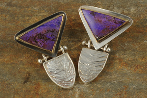 Sugilite Gold Bezel and Reticulated Silver Earrings by Raminta Jautokas