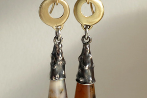 14K yellow gold, hand texture sterling silver and agate drop earrings.