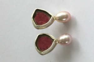 Silver earrings with watermelon tourmaline slices and pink freshwater pearls