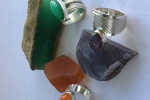 Silver overlay rings with chrysoprase, fire opal, purple chalcedony